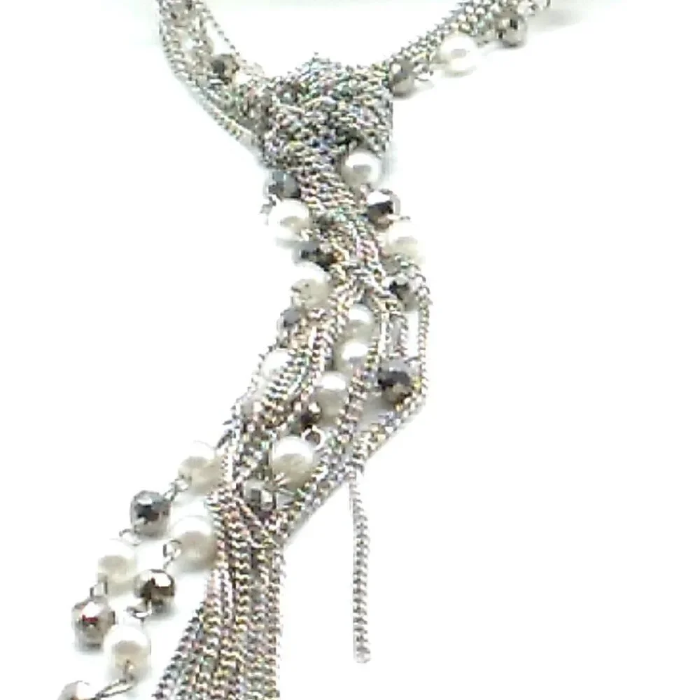 Faux Pearl Crystal Necklace Beaded Multi-Strand Layered Tassel Silver-tone Chain